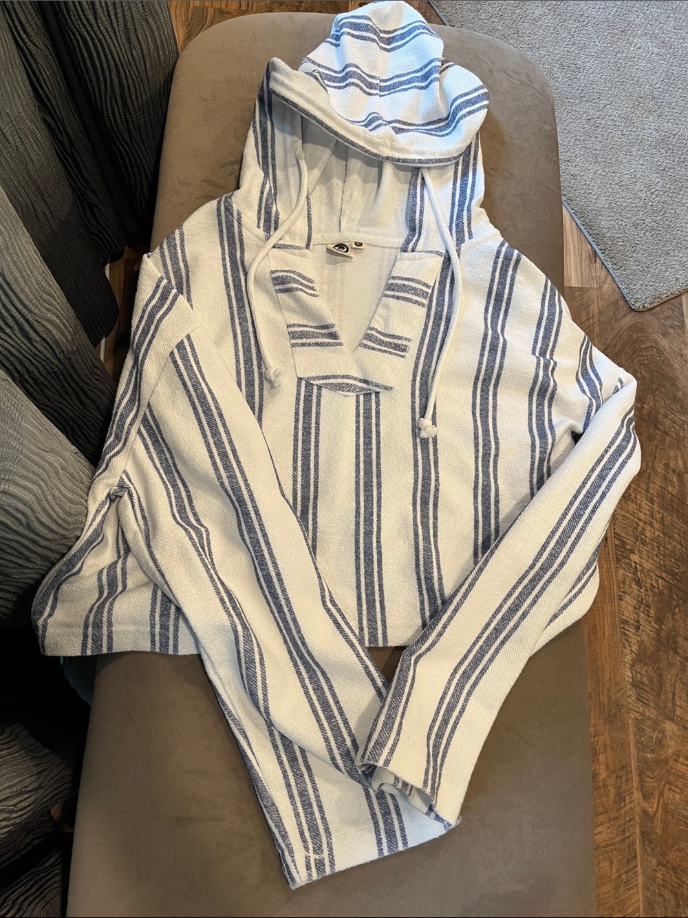 Lagaci White Hippie Vibe Hooded V Neck with Blue Stripes